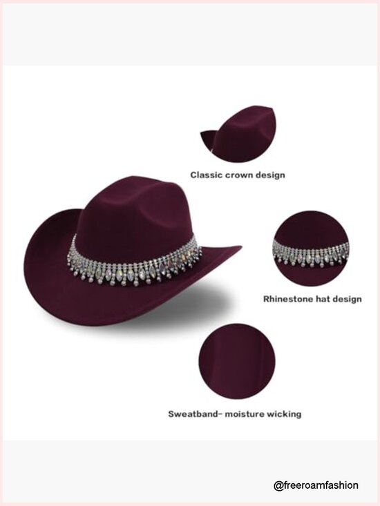 Rhinestone Cowgirl Hat Sequin Western Cowboy Wide Brim Adjustable